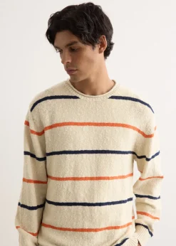 Cotton Linen Slab Stripe Crewneck