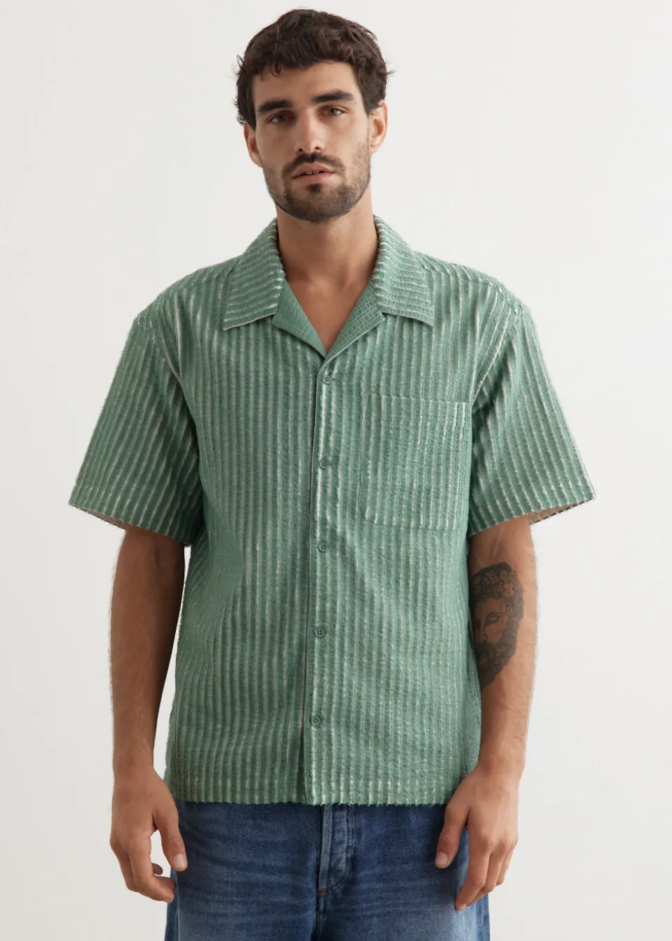Hand-Frayed Stripe Short Sleeve Shirt