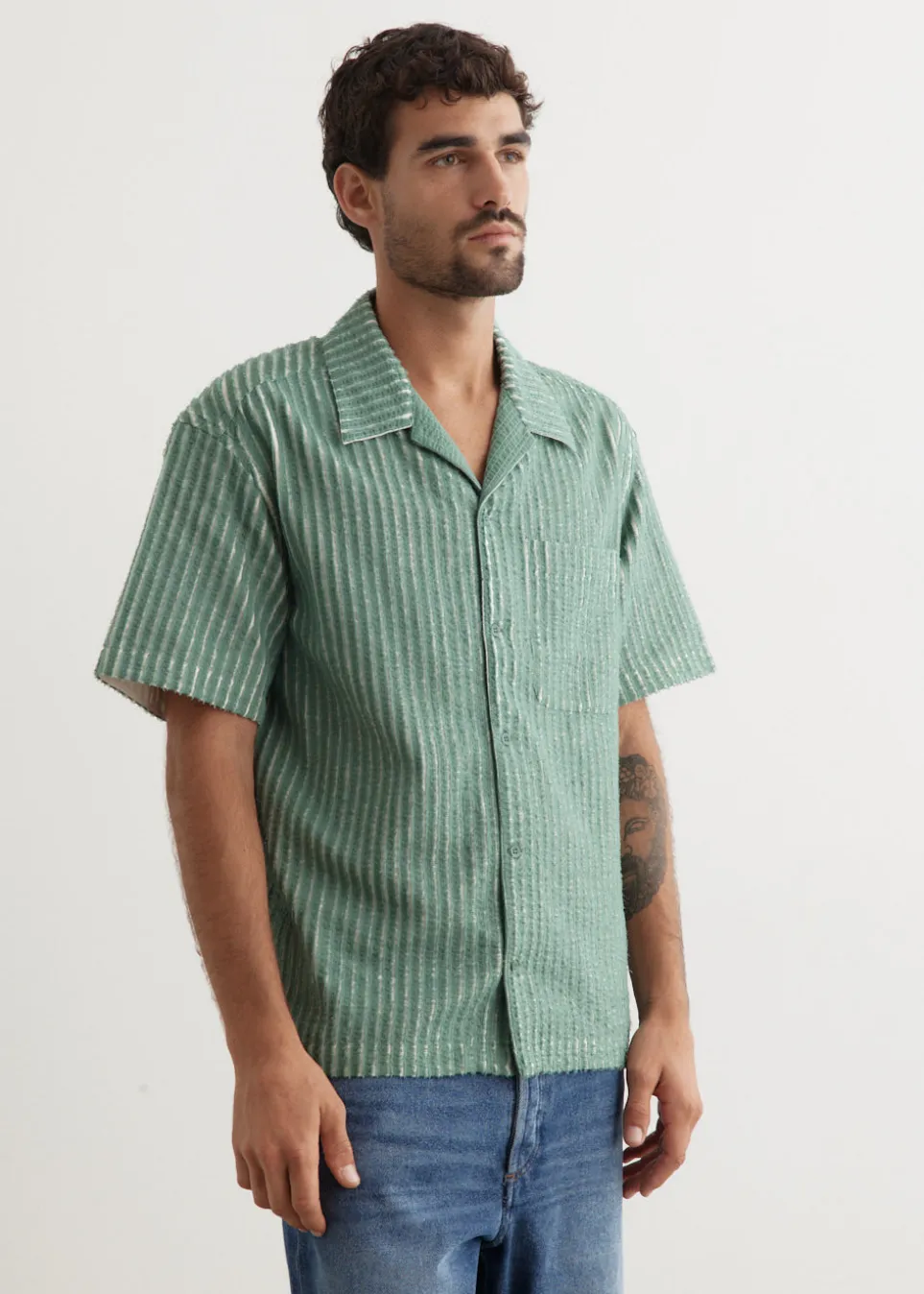 Hand-Frayed Stripe Short Sleeve Shirt