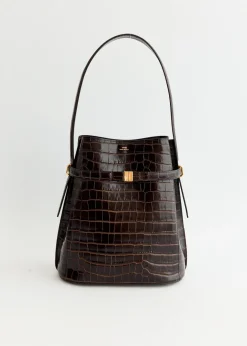 Belted Croco-Embossed Bucket Bag
