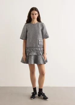 Crinkled Taffeta Check Open Back Mini Dress