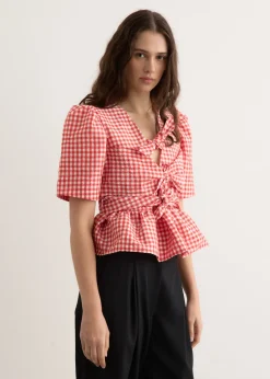 Crinkled Taffeta Check Tie Strap Blouse