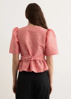Crinkled Taffeta Check Tie Strap Blouse