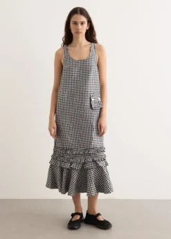 Crinkled Taffeta Check U-Neck Long Dress