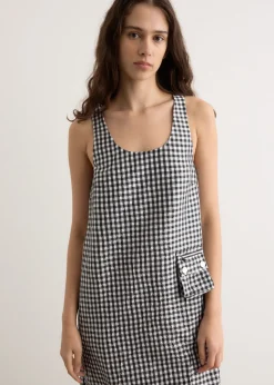 Crinkled Taffeta Check U-Neck Long Dress