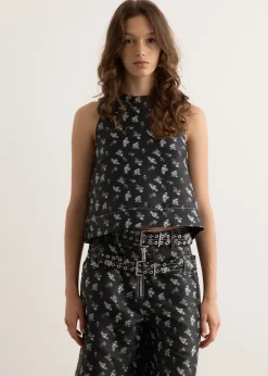 Floral Jacquard Sleeveless Open Neck Top