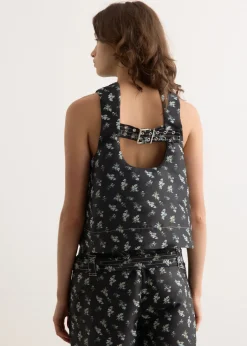 Floral Jacquard Sleeveless Open Neck Top