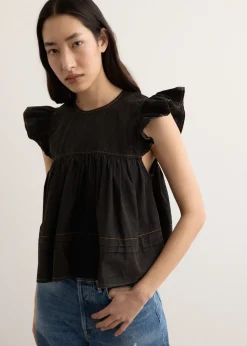 Garment Dyed Cotton Frill Sleeve Top