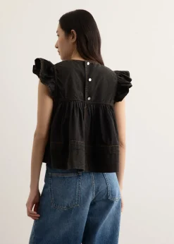 Garment Dyed Cotton Frill Sleeve Top