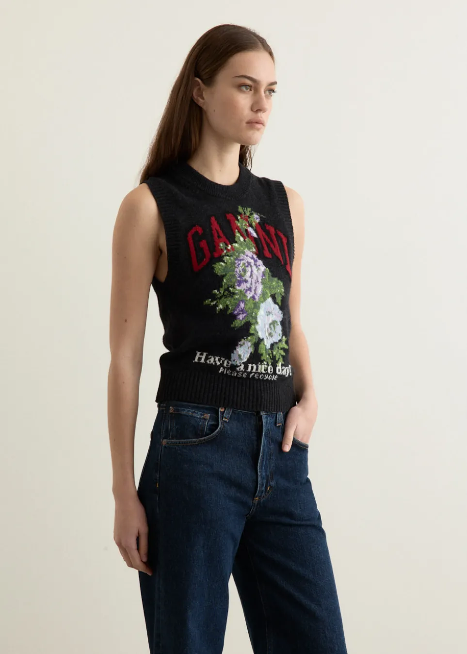 Graphic Wool Mix Flowers Vest