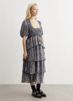 Pleated Georgette Layer Smock Midi Dress
