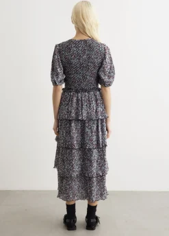 Pleated Georgette Layer Smock Midi Dress