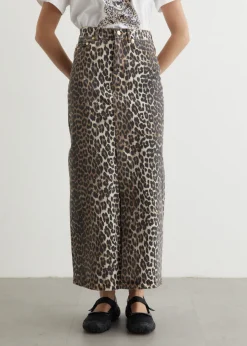 Print Denim Maxi Slit Skirt