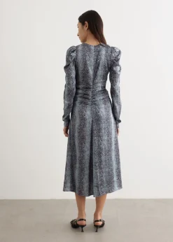 Printed Satin Ruched Midi Dress