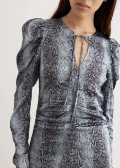 Printed Satin Ruched Midi Dress