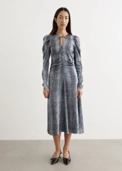 Printed Satin Ruched Midi Dress