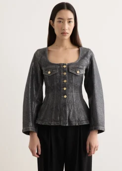 Shimmery Foil Denim Fitted Blazer