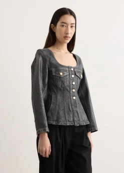 Shimmery Foil Denim Fitted Blazer