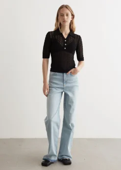 Shiny Pointelle Knit Short Sleeve Polo