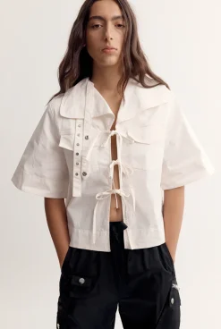 Stretch Cotton Cowl Neck Blouse