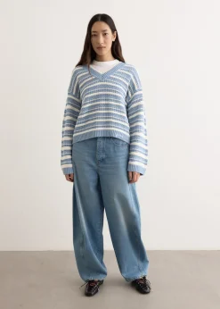 Striped Cotton Pointelle V-Neck