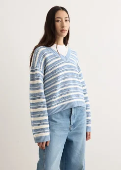 Striped Cotton Pointelle V-Neck
