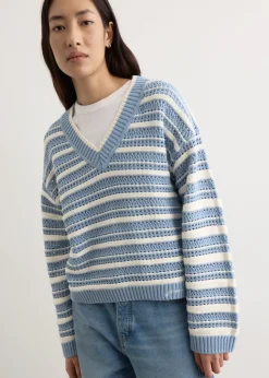Striped Cotton Pointelle V-Neck