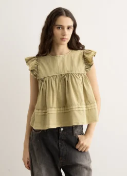 Washed Stretch Cotton Frill Sleeve Top